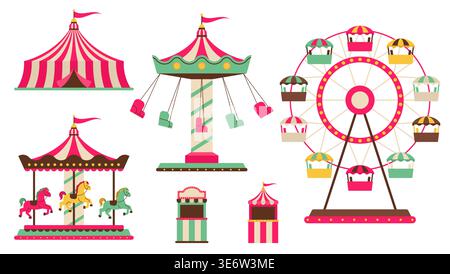 Karneval Vergnügungspark Fahrgeschäfte Und Circus Attraktionen Flat Vektor Illustration Set Stock Vektor