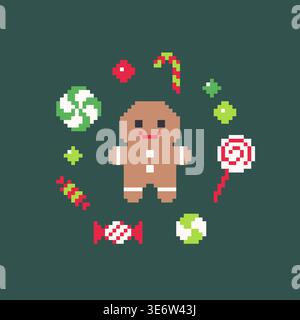 Netter Lebkuchenmann mit Weihnachtsbonbon in der Pixel-Kunst-Art-Vektor-Illustration Stock Vektor