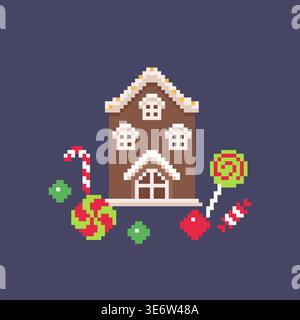 Lebkuchenbonbons-Hütte mit Weihnachtssüßen in Pixel-Art-Vektor-Illustration Stock Vektor
