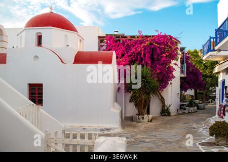 Malerische Straße der Kykladen mit roter Kuppelkirche und blühender Bougainvillea, Griechenland Stockfoto