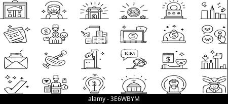 Business Icon Set Finanzen Marketing Management Industrie Strategie Kreativität Entwicklung Immobilien Essen Reise Lifestyle dünne Linie Vektor Design Stock Vektor