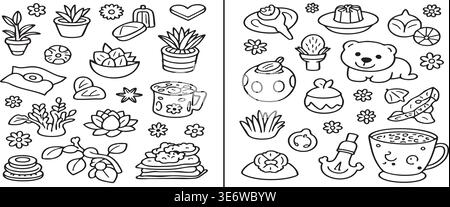 Niedliche Kritzelgemälde mit Pflanzen Blumen Tieren Essen und Getränke Line Art Ikonen für Kinder kreative Aktivitäten Stock Vektor