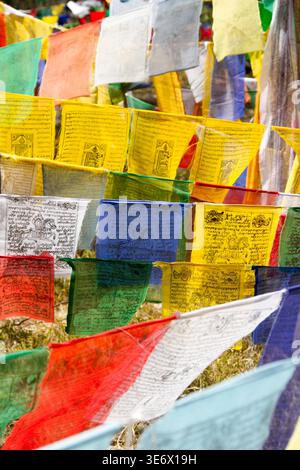 Bunte buddhistische Gebetsfahnen überlagern sich in Bhutan in leuchtenden Schichten von Gelb, Blau, Rot und Grün. Stockfoto