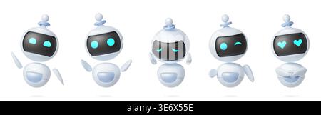3D-Robotercharakter. Niedliches Ai Maskottchen Gesicht, Chat-Bot-Agent, glücklicher digitaler Hand-App-Chatbot. Lustiges Alien-Symbol. Freundlicher Assistent, technischer Support, Kommunikationsschnittstellen. Vektor-Zeichentrickfilm isolierter Satz Stock Vektor