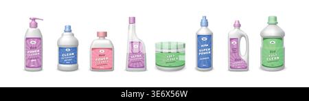 Produktetikett reinigen. Wäscheflaschenpaket, Desinfektionsspray Mockup für Chemikalienreiniger Marke, Waschgel, Kunststoffbehälter mit Pumpenverpackungsdesign. 3D-Rendern isolierter Vektorsatz realistisch Stock Vektor