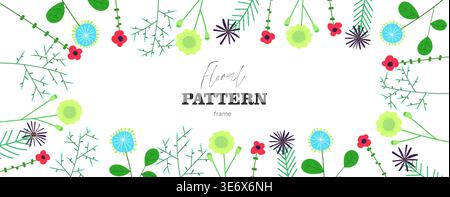 Blumenbanner. Horizontaler Blumenrahmen mit Wiesenwildblumen und Blütenakzenten. Geometrische Retro-Kunst für botanische Plakate in den USA, Etiketten für den Gartenmarkt und Buchhüllen aus Feder. Stock Vektor