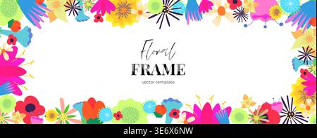 Modernes Blumenbanner. Horizontaler Wildblumenrahmen mit abstrakten Frühlingsblüten und Gartenpflanzen. Ästhetisches botanisches Design für moderne Poster, Flyer mit Blumenmuster und minimalistische Notizbuchhüllen. Stock Vektor