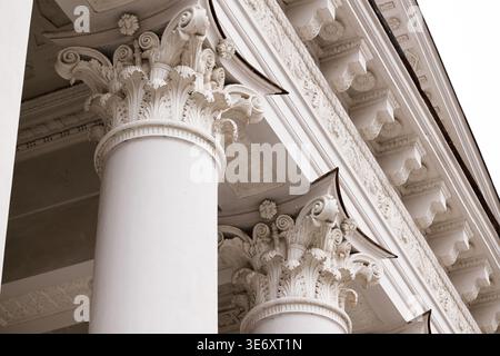 Dieses Bild zeigt eine Nahaufnahme von weißen verzierten Säulen mit komplizierten Schnitzereien an einer Gebäudefassade, die detailliertes architektonisches Design und zeigen Stockfoto