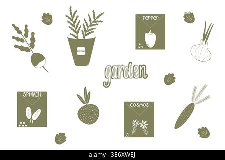 Satz von Vektorillustrationen zu einem Gartenmotiv in flachem minimalistischem Stil in einer monochromen Farbpalette. Stock Vektor
