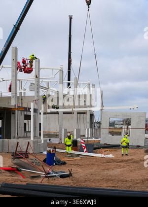Bauarbeiter und Kräne installieren Stahlträger auf Betonkonstruktionen während eines großen Industriegebäudes unter bewölktem Himmel Stockfoto