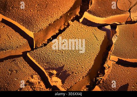Desert Mud Crack Texture Nahaufnahme mit dramatischem Licht und verdorbener Erde Stockfoto