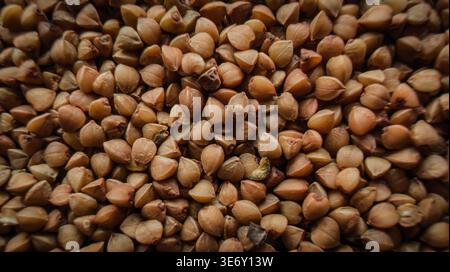 Buchweizen Grobgrieß Hintergrund, rohe Buchweizen Korntextur, gesunde organische Getreidezutat Stockfoto