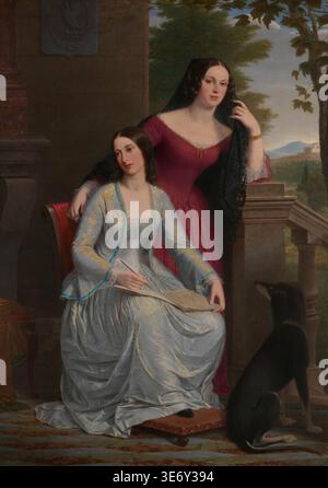 Historisches Illustrationskunstwerk von zwei Frauen in einer italienischen Landschaft, das zwei elegant gekleidete Frauen auf einer Terrasse zeigt, eine sitzend in einem Skizzenbuch, während die andere neben ihr steht, mit einem Hund und einer fernen Landschaft dahinter, von Miner Kilbourne Kellogg in Italien um 1854. Stockfoto