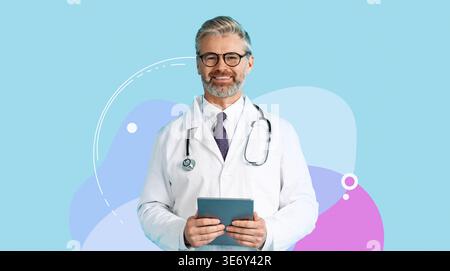 Doktor im weißen Mantel, der Tablette mit hellblauem Hintergrund und bunten Formen in Collage hält Stockfoto