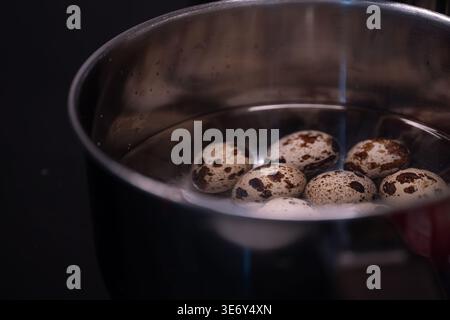 Aus nächster Nähe sehen Wachteleier, die in einem Metalltopf auf dem Herd kochen. Konzept des Kochprozesses, gesunde Proteinquelle und Hausmahlzubereitung. Geeignet für Stockfoto