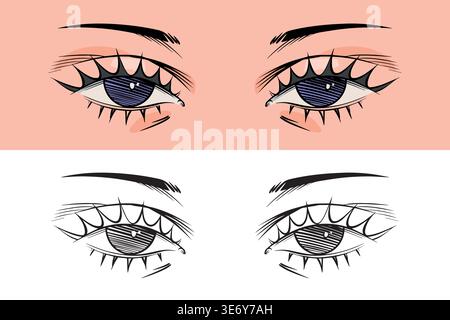 Anime- oder Manga-Augen eines Mädchens oder einer Frau. Wunderschöne, handgezeichnete, stilisierte Augen im traditionellen Tintenstil. Asiatisches oder japanisches Design Stock Vektor