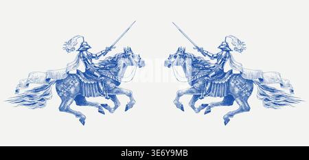 Mittelalterlicher gepanzerter Ritter zu Pferd mit einem Schwert in Richtung. Barded Pferd springt in voller Rüstung für den Kampf. Handgezeichnete Gravur in traditioneller Tinte Stock Vektor