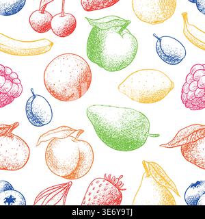 Frisches Obst mit nahtlosem Muster im Punktdesign. Farbenfrohe Illustration für moderne Anwendungen. Mango- und Erdbeerbeeren und Pflaume, Bananen und Stock Vektor