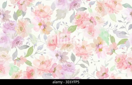 Nahtloses Aquarellmuster mit zarten rosa Pfingstrosen und lila Rosen, eleganter handgemalter botanischer Hintergrund für Textil. Stockfoto