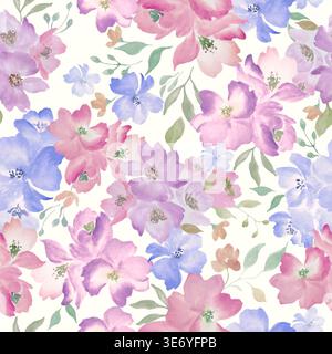 Nahtloses Blumenmuster in Aquarellfarben mit leuchtenden rosa, lila und blauen Blumen, handgemalter botanischer Hintergrund. Stockfoto