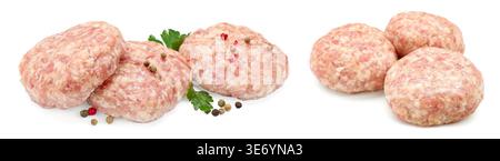 Ungekochte Fleischpasteten isoliert auf weiß, Set Stockfoto