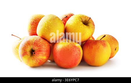 Haufen frischer, reifer gelber und roter Äpfel mit Wassertropfen auf weißem Hintergrund. Gesunde, saftige und süße Bio-Früchte.Elstar Sorte. Hallo Stockfoto