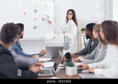 Geschäftsfrau, die Kollegen beim Meeting vorstellt Stockfoto