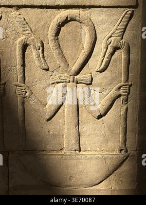 Antike geschnitzte Hieroglyphendecke mit Säulen an einem Tempel in Markaz Qena, Ägypten, September 2024, dramatischer Schatten über der unteren linken Ecke und entlang sid Stockfoto