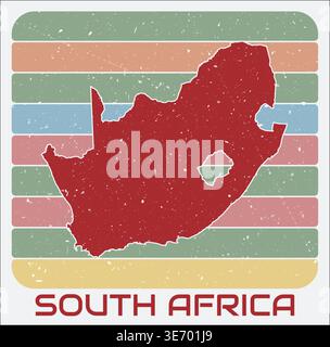 Südafrika Vintage-Logo. Form des Landes auf Retro-farbigem Streifenhintergrund. Südafrika Kartendesign mit Grunge Scratch Textur. Stock Vektor