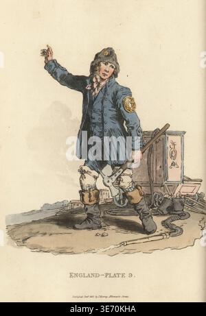 Londoner Feuerwehrmann in Lederhelm, blauer Mantel mit Büroabzeichen, Weste und Hose, Stiefel und Leggings. Er trägt eine Meißelaxt und steht vor einem Feuerwehrauto mit Eimern und Schlauchrohr. Nach einer Illustration von William Henry Pyne in Kostümen Großbritanniens, 1808. Handkolorierter Kupferstich von William Alexander aus seinen eigenen malerischen Darstellungen des Kleides und der Manners of the English, John Murray, London, 1814. Stockfoto