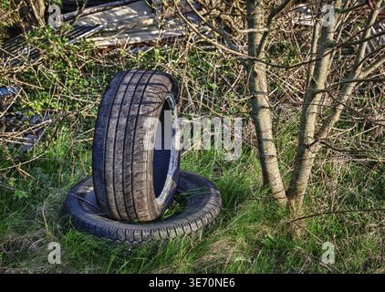 Gedumpten Autoreifen auf bewachsenen Gebiet verlassen Stockfoto