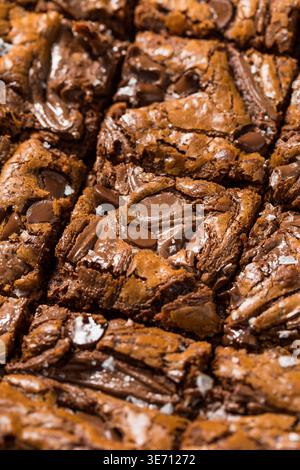 Hausgemachte Schokoladen-Haselnuss-Brownies in einer Pfanne mit Meersalz Stockfoto