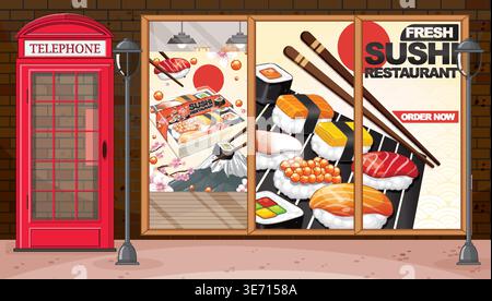 Flache Vektor-Illustration eines Sushi-Schaufensters neben einer klassischen roten Telefonzelle Stock Vektor
