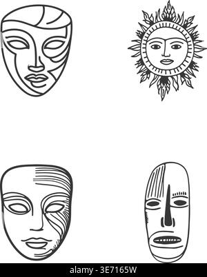 Ein einfarbiges Illustrationsset mit stilisierten Stammesmasken und einem dekorativen Sonnengesichtsmotiv. Das Kunstwerk spiegelt kulturellen Symbolismus und Tradition wider Stock Vektor