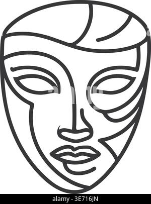 Stilisierte Linie Illustration einer abstrakten weiblichen Gesichtsmaske mit geschwungenen dekorativen Linien und mandelförmigen Augen. Stock Vektor