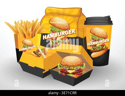 Vektor-Illustration von gebrandeten Fast Food Verpackungen einschließlich Burgerboxen, Pommes und ein Getränk Stock Vektor