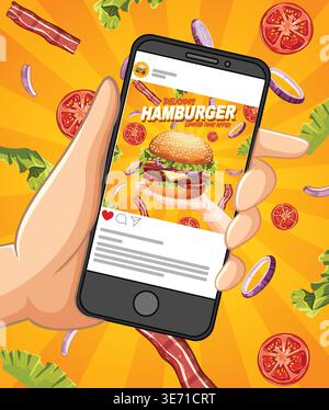 Vektor-Illustration einer Hand, die ein Telefon hält und eine Burger-Anzeige mit fliegenden Zutaten zeigt Stock Vektor