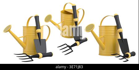 Gartenwerkzeuge wie Schaufel, Gabel und Rechen in Gießkannen, isoliert auf weißem Gartenkonzept. Stockfoto