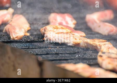 Schweinefleisch auf einem heißen Holzkohlegrill braten das Konzept des Outdoor-Kochens Stockfoto