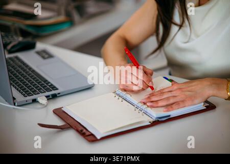 Frauenhände schreiben in einem offenen Planer mit einem roten Stift neben einem Laptop Stockfoto