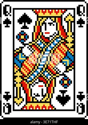 Pixel Art Pik-Königin Spielkartendesign Stock Vektor