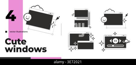 Niedliches verspieltes Monochrom-Pixel-Pop-up-Fenster-Paket Stock Vektor