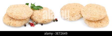 Ungekochte Fleischpasteten isoliert auf weiß, Set Stockfoto