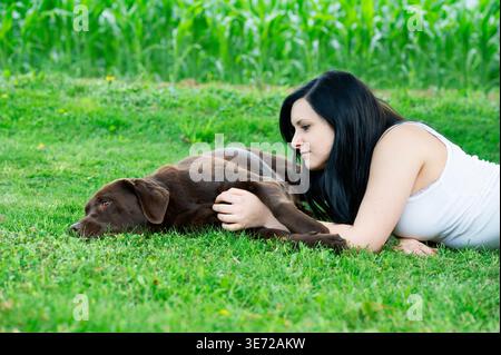 Junge Frau genießt Zeit mit braunem Labrador Retriever Stockfoto