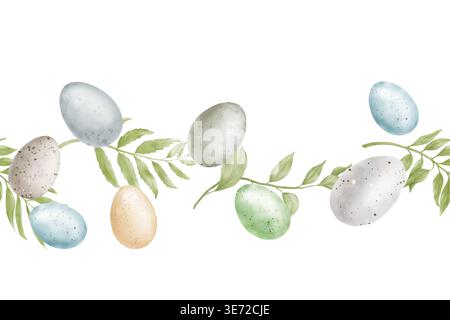 Ostereier und Weidenzweige mit grünen Blättern. Aquarellabbildung. Nahtloser horizontaler Rahmen, isoliert auf weißem Hintergrund. Konzept: Ostern, Stockfoto