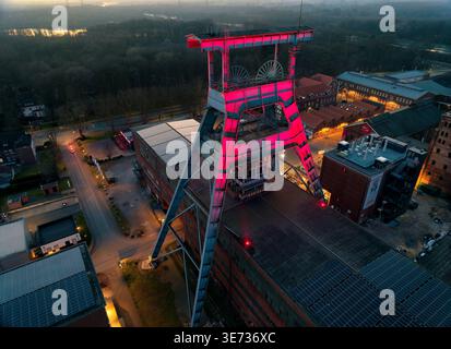 Doppelbock über Schacht 7 der Zeche Ewald im Abendlicht, Herten, Ruhrgebiet, Nordrhein-Westfalen, Deutschland Stockfoto