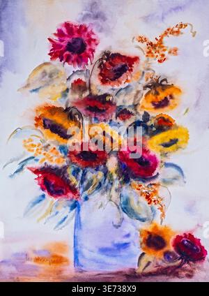 Aquarell von Heidemarie Mayer, Aquarell von Blumen, Blumenstrauß von Sonnenblumen in einer Blumenvase Stockfoto