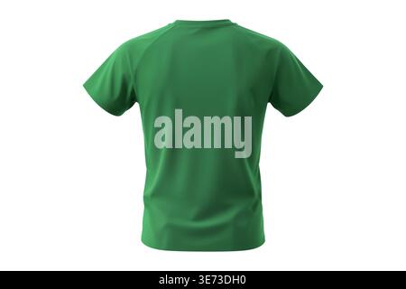 3D-Darstellung eines grünen T-Shirts, Rückansicht, mit realistischen Stoffvorhängen und diffuser Beleuchtung auf einem sauberen weißen Hintergrund. Stockfoto
