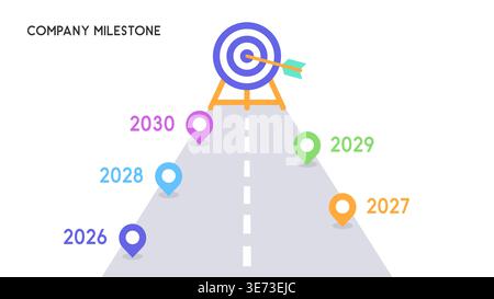 Infografik zur Unternehmenszeitachse Roadmap mit fünf-Jahres-Meilensteinen und Illustration des Zielvektors Stock Vektor