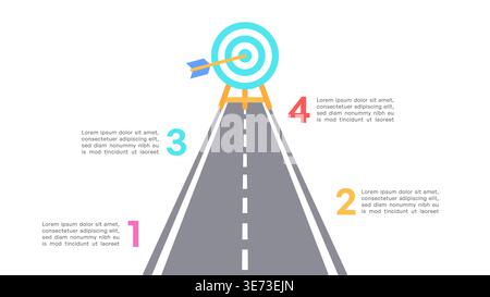Roadmap-Infografik mit vier nummerierten Erfolgsschritten und Zielpfeil-Vektor-Illustration Stock Vektor